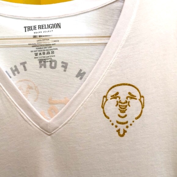 New True Religion Womens short sleeve t shirt. L. Black and shimmer gold writing - Picture 10 of 15